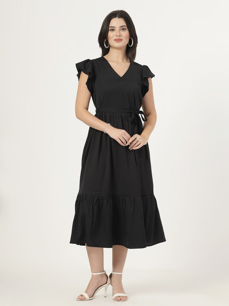 Style Quotient Womens Full length dress with frill style sleeves and waist belt-Dresses-StyleQuotient