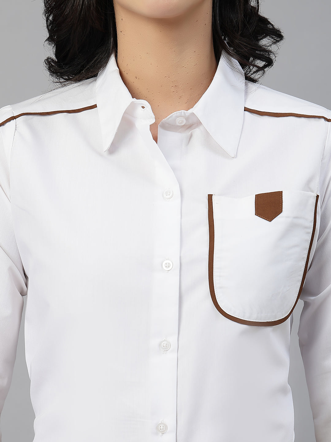 Style Quotient Women Contrast Detailing White and Tan Regular Fit Polycotton Formal Shirt-Shirts-StyleQuotient