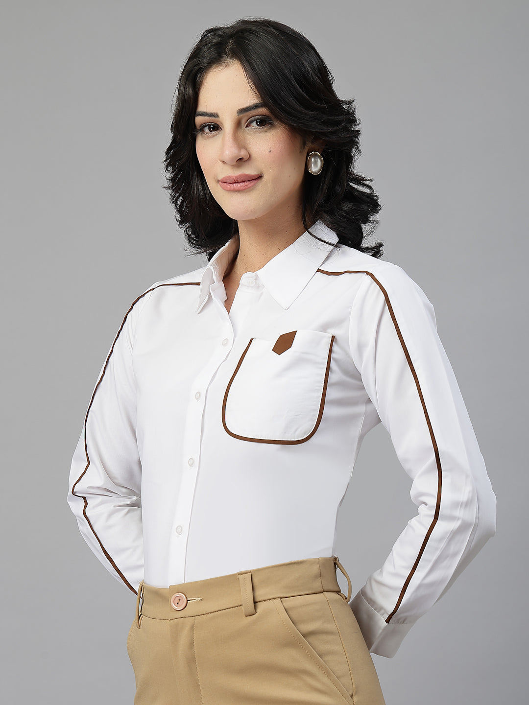 Style Quotient Women Contrast Detailing White and Tan Regular Fit Polycotton Formal Shirt-Shirts-StyleQuotient