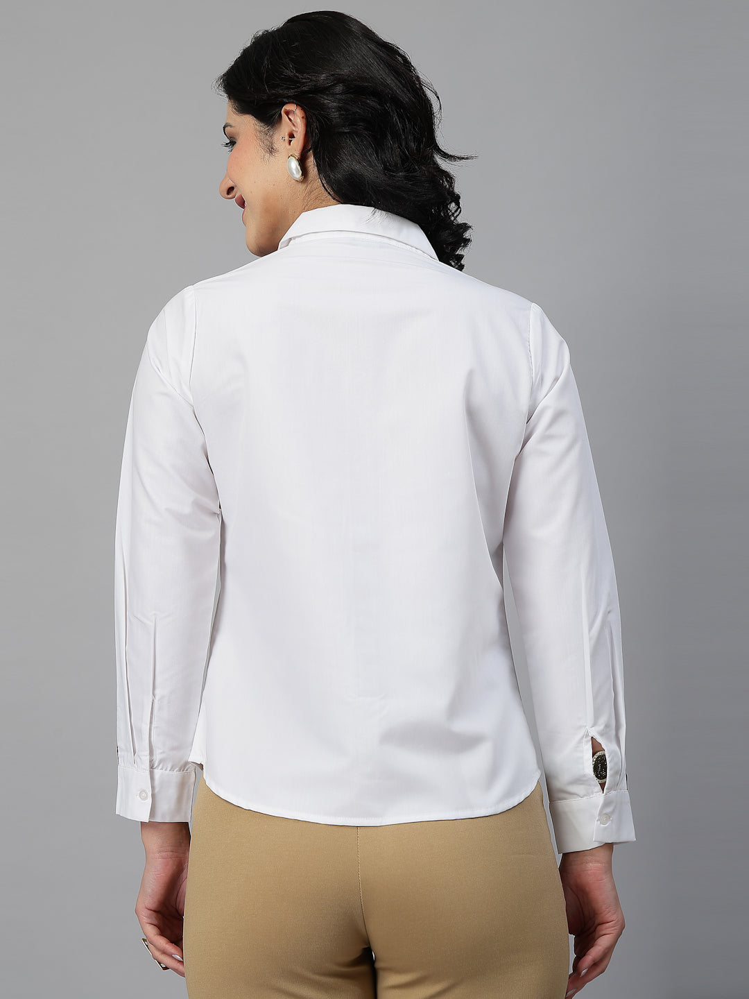 Style Quotient Women Contrast Detailing White and Tan Regular Fit Polycotton Formal Shirt-Shirts-StyleQuotient