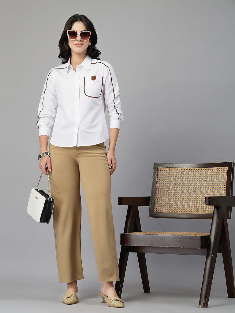 Style Quotient Women Contrast Detailing White and Tan Regular Fit Polycotton Formal Shirt-Shirts-StyleQuotient