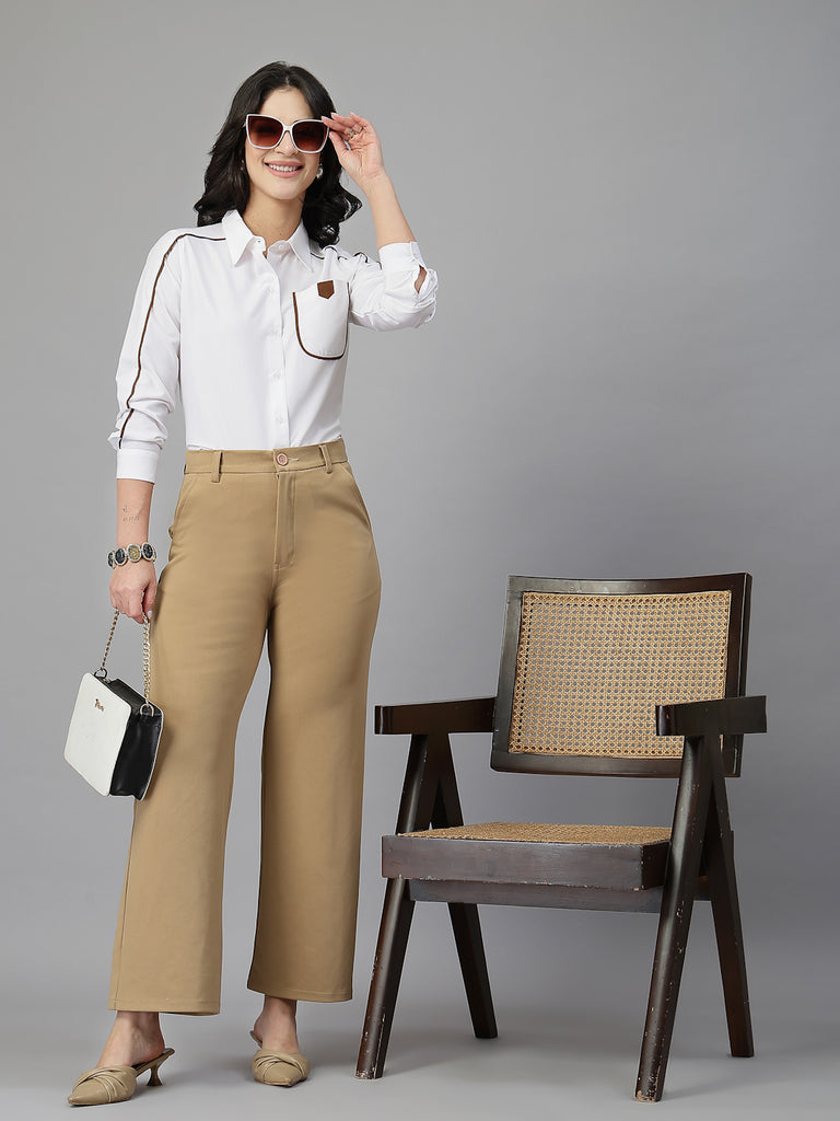 Style Quotient Women Contrast Detailing White and Tan Regular Fit Polycotton Formal Shirt-Shirts-StyleQuotient