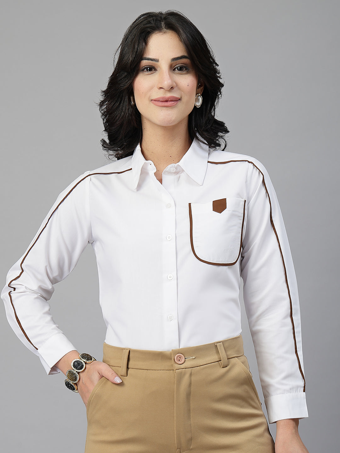 Style Quotient Women Contrast Detailing White and Tan Regular Fit Polycotton Formal Shirt-Shirts-StyleQuotient