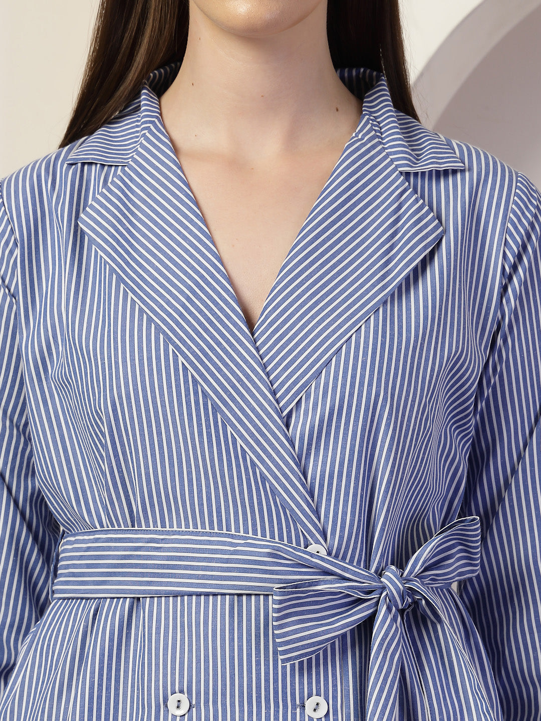 Style Quotient Women Blue And White Stripe Polycotton Double Breasted Polycotton Blazer Dress-Dresses-StyleQuotient