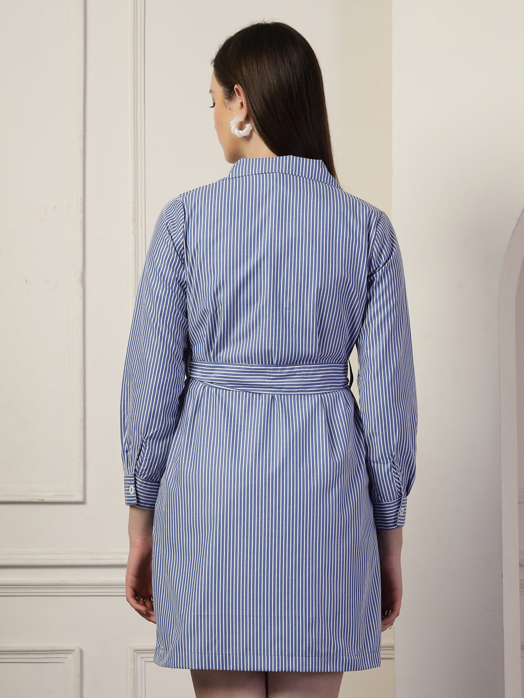 Style Quotient Women Blue And White Stripe Polycotton Double Breasted Polycotton Blazer Dress-Dresses-StyleQuotient