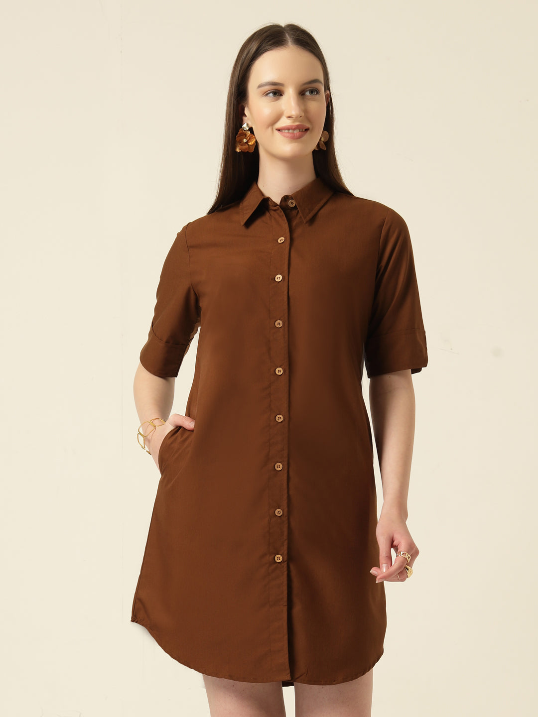 Style Quotient Women Camel shirt dress-Dresses-StyleQuotient