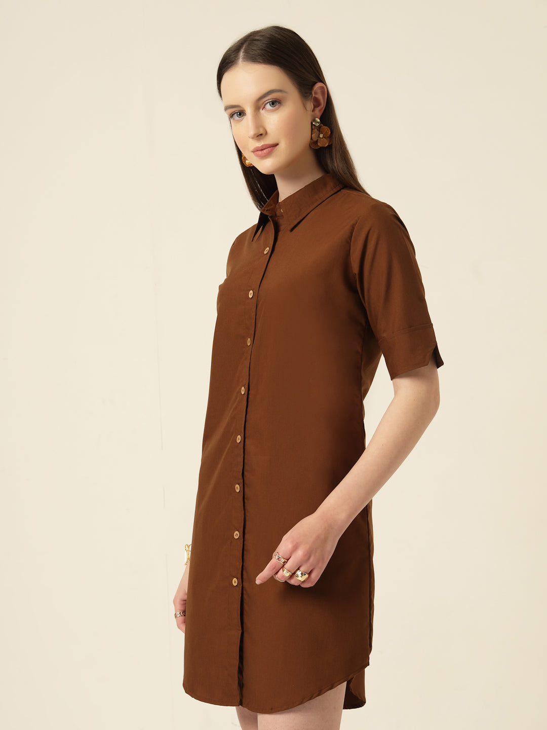 Style Quotient Women Camel shirt dress-Dresses-StyleQuotient