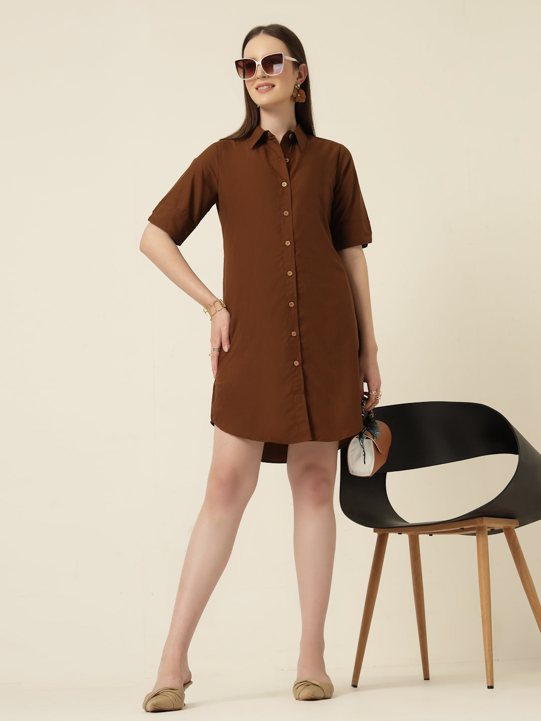 Style Quotient Women Camel shirt dress-Dresses-StyleQuotient