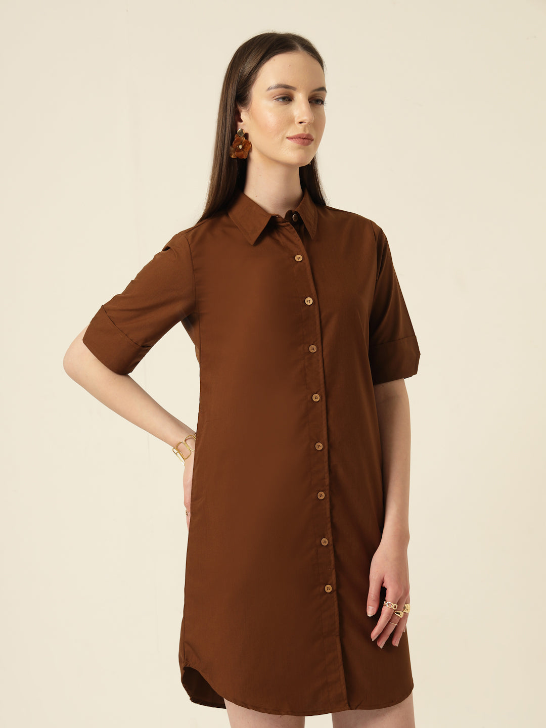 Style Quotient Women Camel shirt dress-Dresses-StyleQuotient