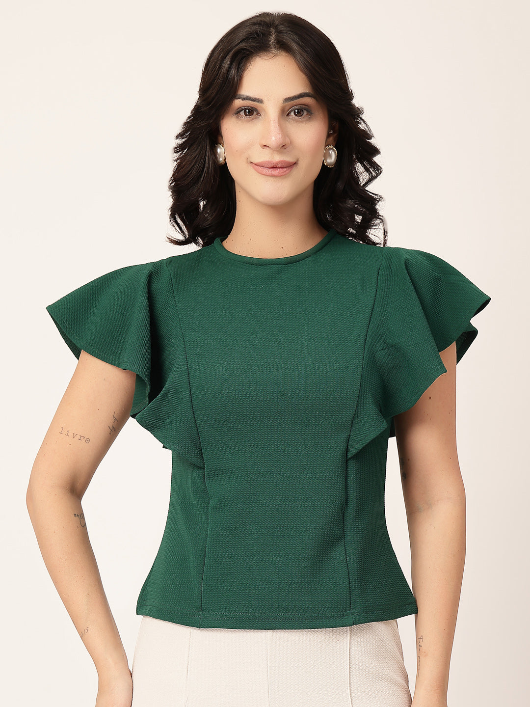 Style Quotient Women Green frill sleeves top-Tops-StyleQuotient