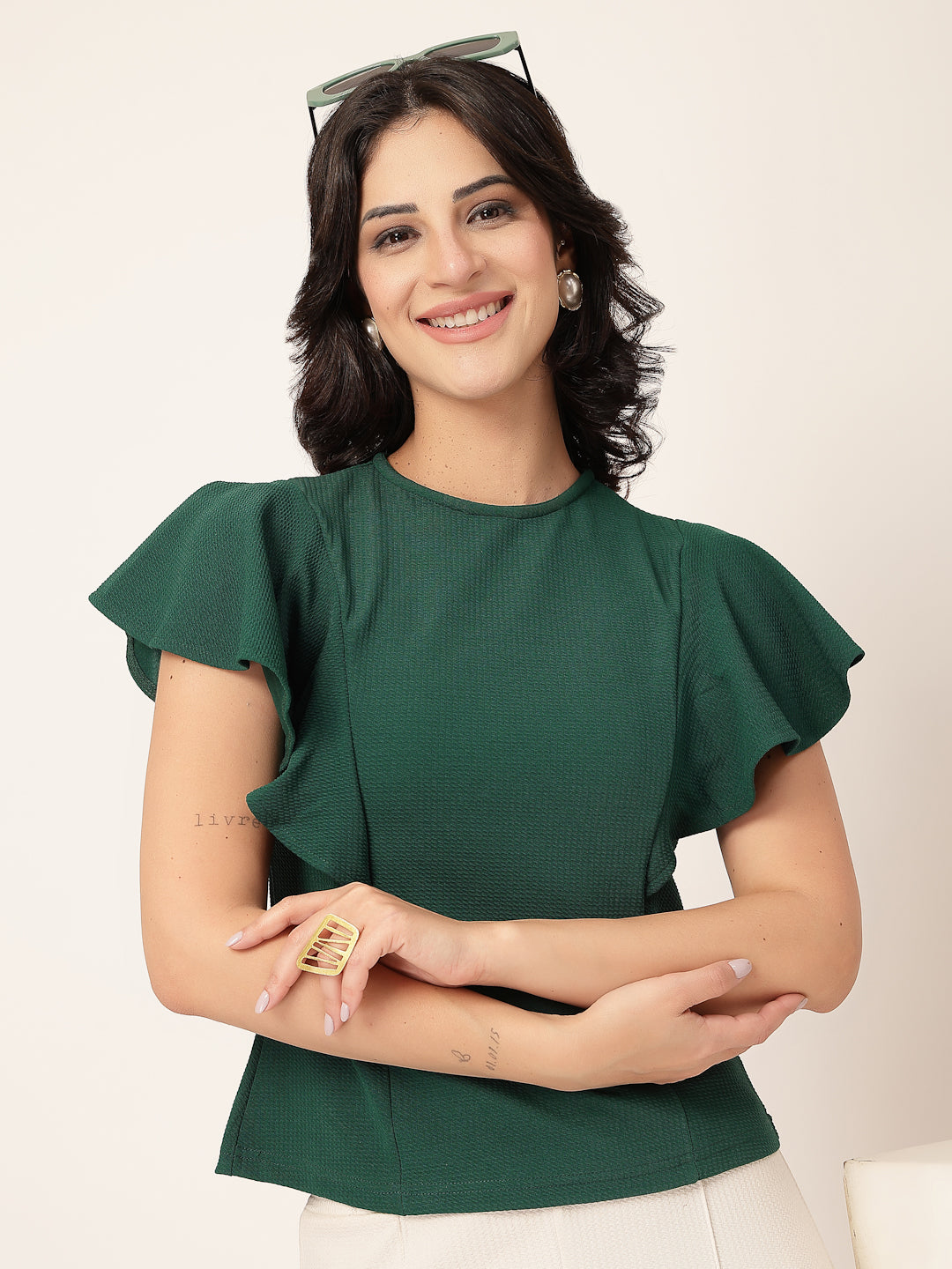 Style Quotient Women Green frill sleeves top-Tops-StyleQuotient