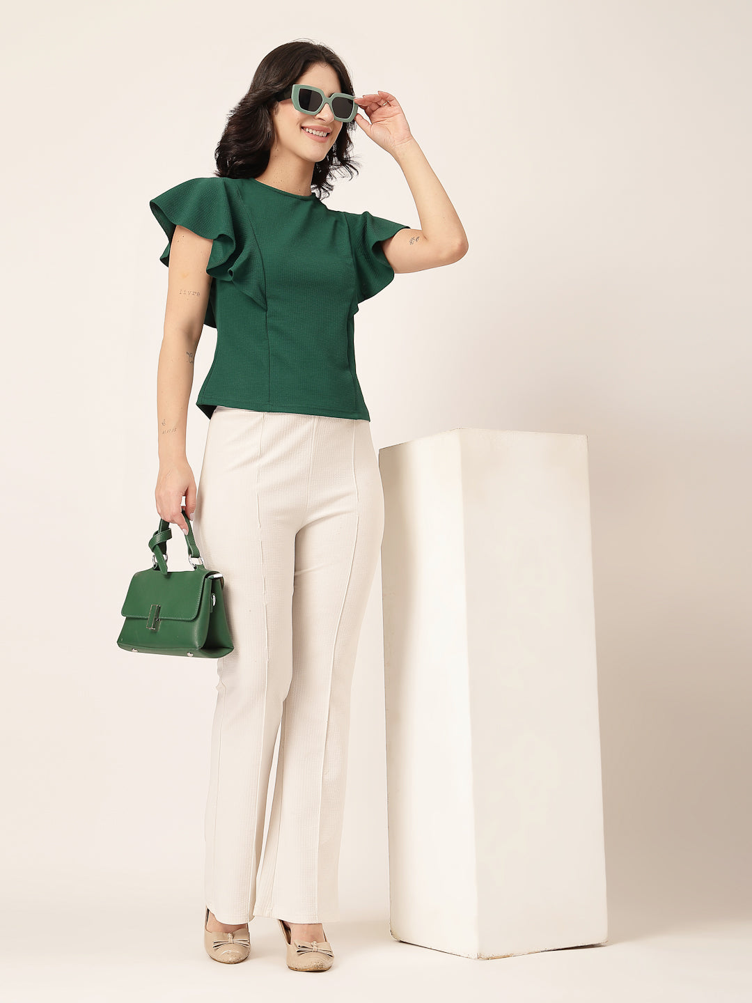 Style Quotient Women Green frill sleeves top-Tops-StyleQuotient