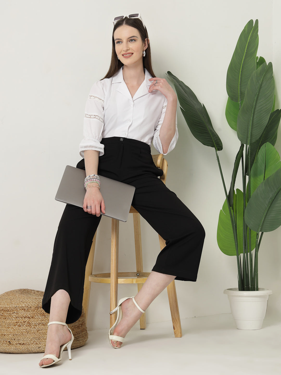 Style Quotient Women Solid White Regular Fit Lace Insert Formal Shirt-Shirts-StyleQuotient