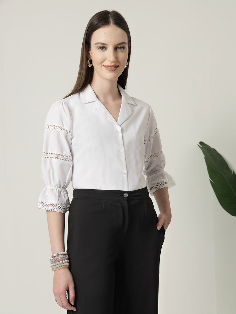 Style Quotient Women Solid White Regular Fit Lace Insert Formal Shirt-Shirts-StyleQuotient