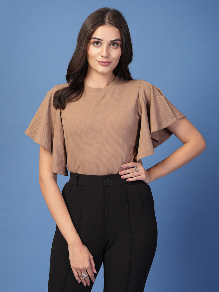 Style Quotient Women Solid Brown Self Design Polyknit Smart Casual Top-Tops-StyleQuotient