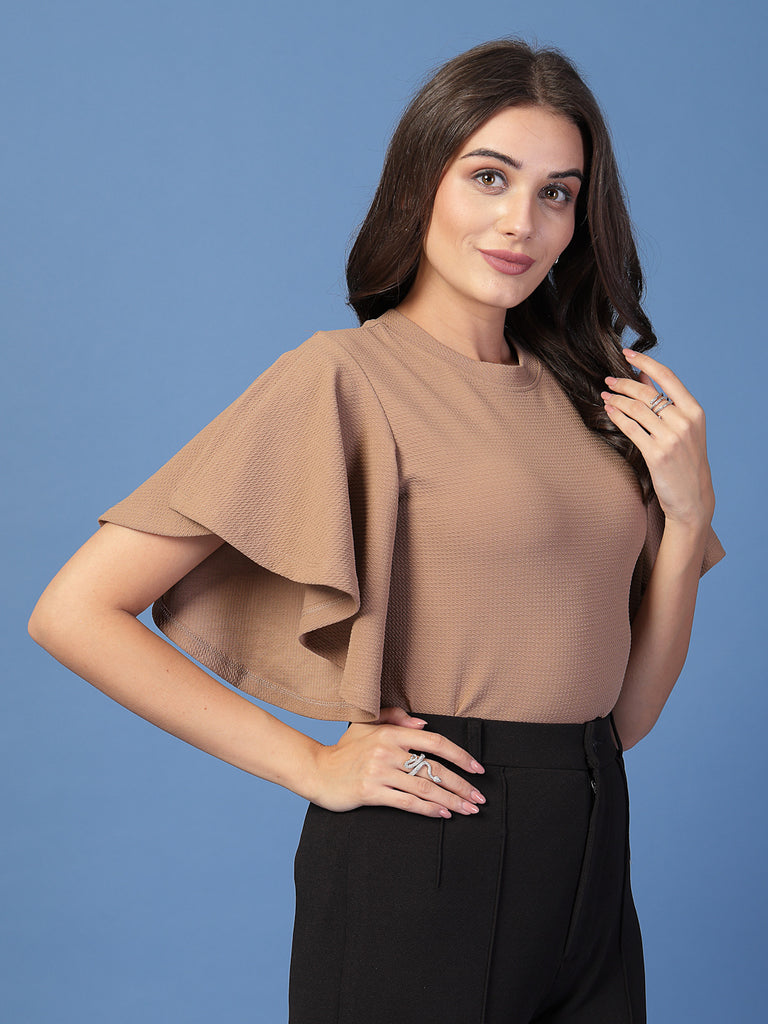 Style Quotient Women Solid Brown Self Design Polyknit Smart Casual Top-Tops-StyleQuotient