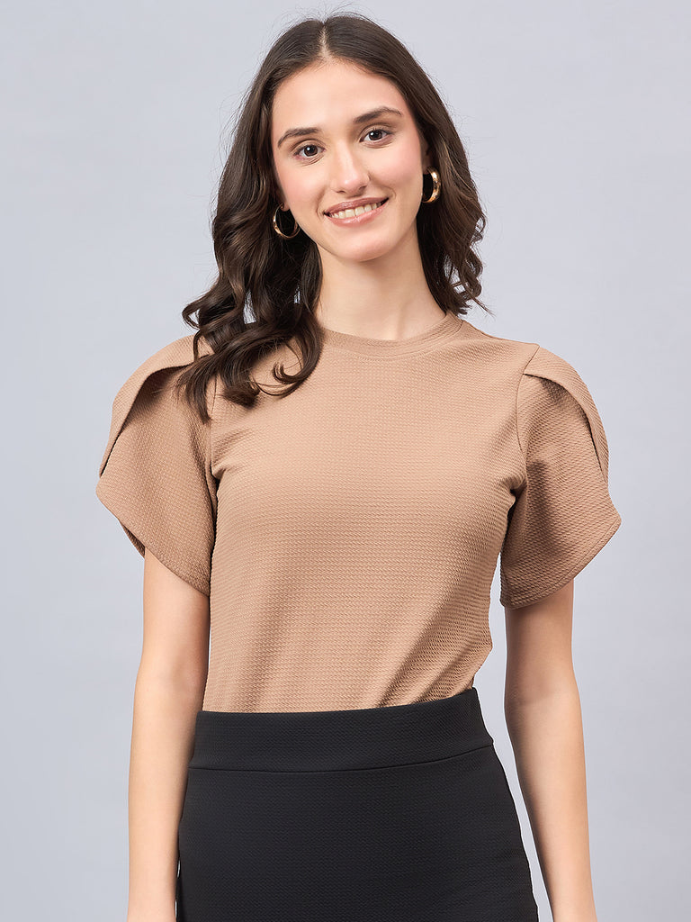 Style Quotient Women Solid Brown Poly Knit Smart Casual Regular Tulip Sleeve Top-Tops-StyleQuotient