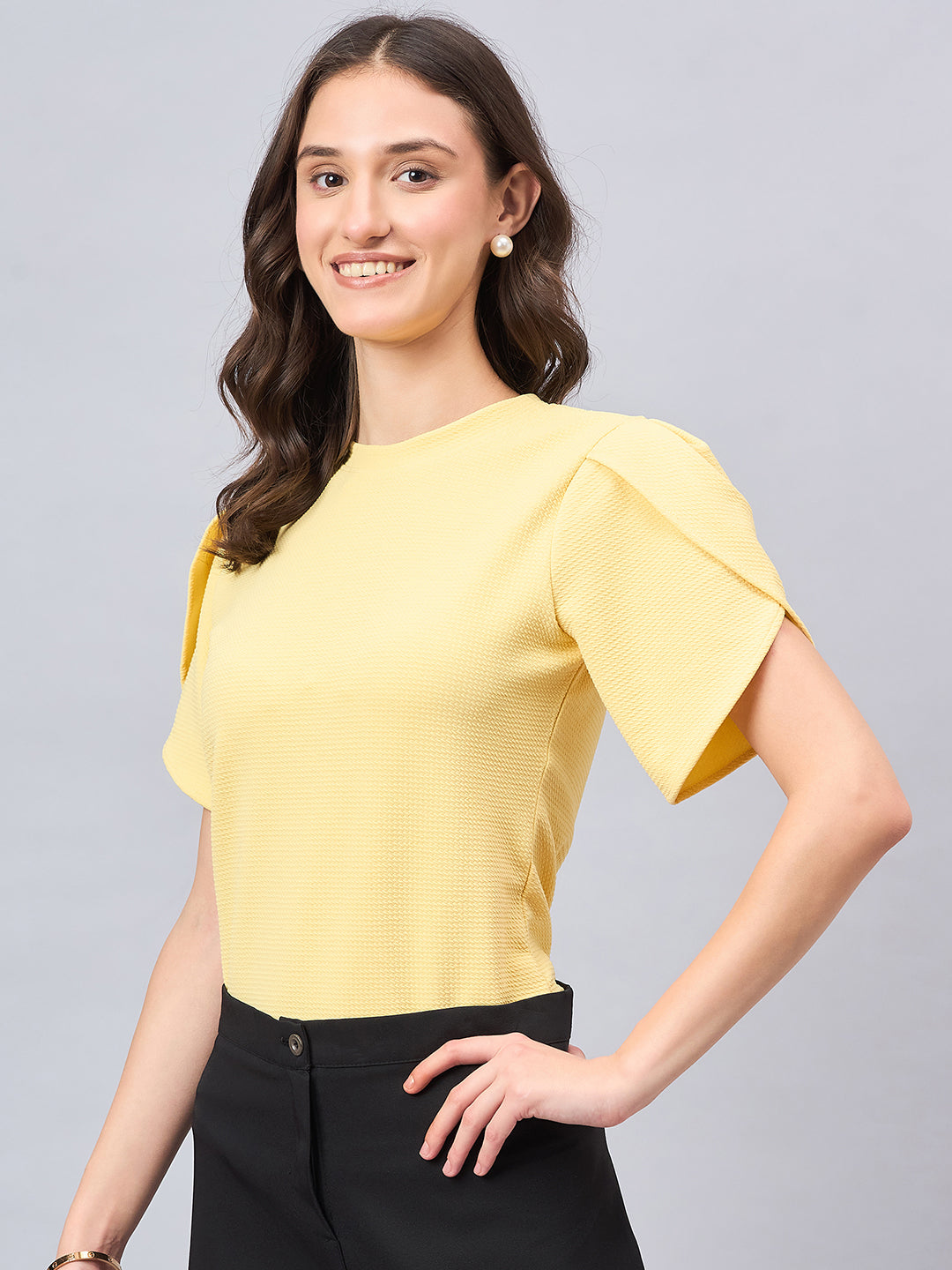 Style Quotient Women Solid Light Yellow Poly Knit Smart Casual Regular Tulip Sleeve Top-Tops-StyleQuotient