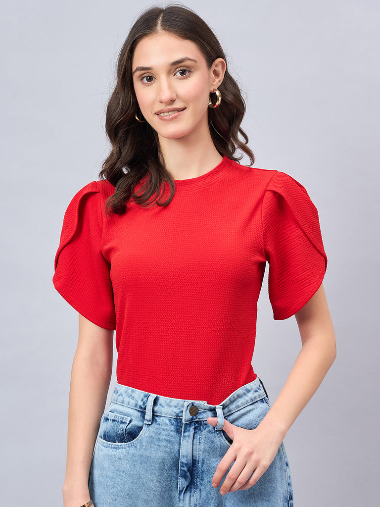 Style Quotient Women Solid Red Poly Knit Smart Casual Regular Tulip Sleeve Top-Tops-StyleQuotient