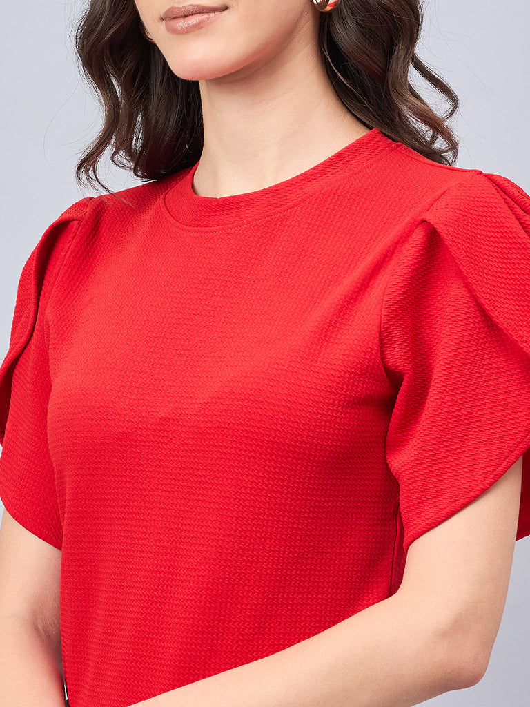 Style Quotient Women Solid Red Poly Knit Smart Casual Regular Tulip Sleeve Top-Tops-StyleQuotient