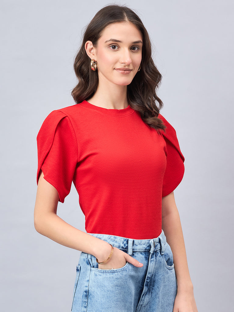 Style Quotient Women Solid Red Poly Knit Smart Casual Regular Tulip Sleeve Top-Tops-StyleQuotient