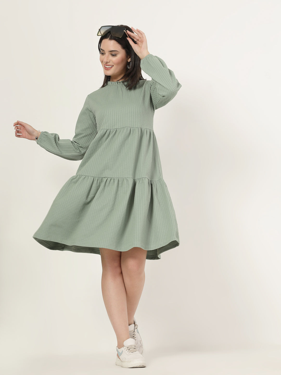 Style Quotient Women Green Waffle checks Knit Dress-Dresses-StyleQuotient