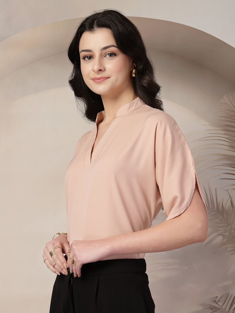Style Quotient Women Solid Nude Polymoss Formal Top-Tops-StyleQuotient