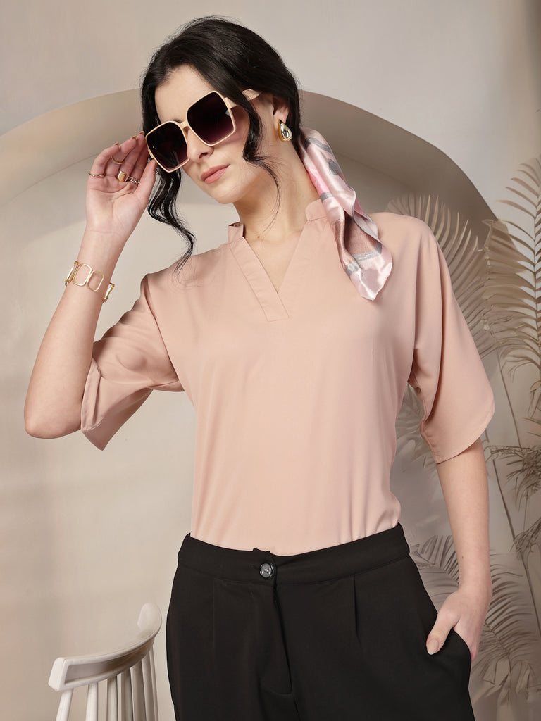Style Quotient Women Solid Nude Polymoss Formal Top-Tops-StyleQuotient