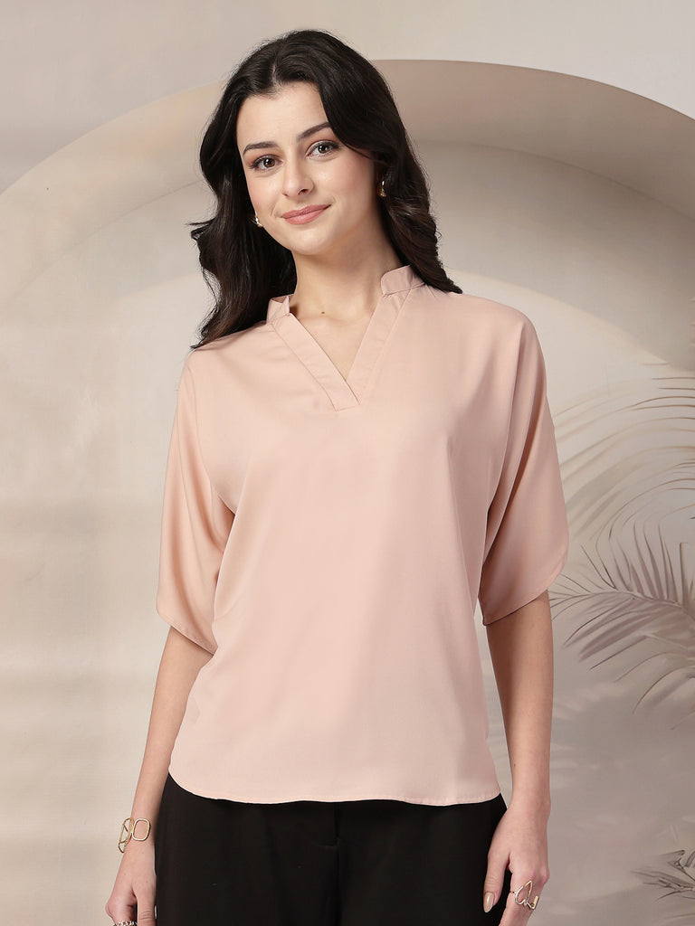 Style Quotient Women Solid Nude Polymoss Formal Top-Tops-StyleQuotient