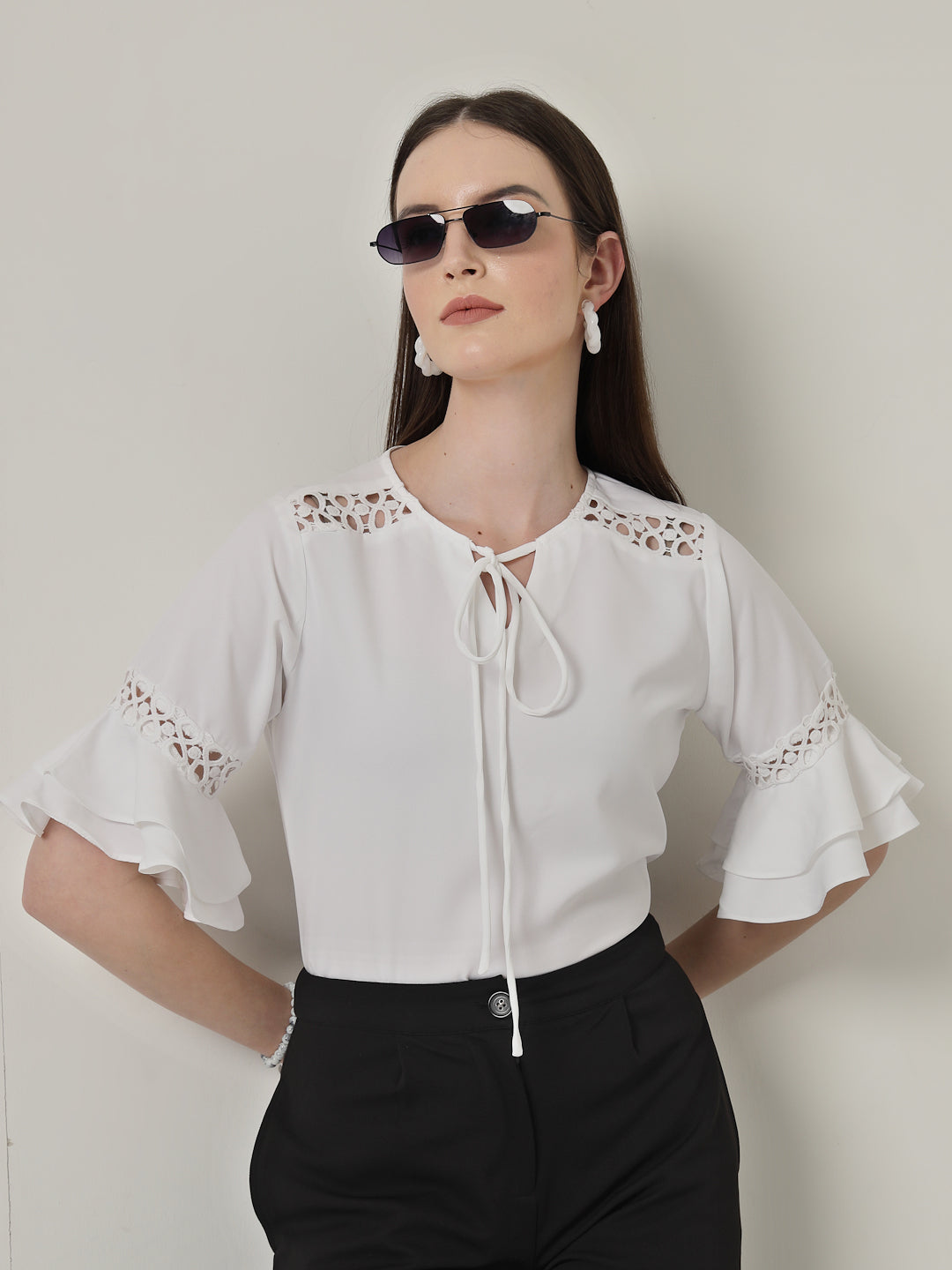Style Quotient Women Solid White Polymoss Regular Fit Smart Casual Lace Insert Top-Tops-StyleQuotient