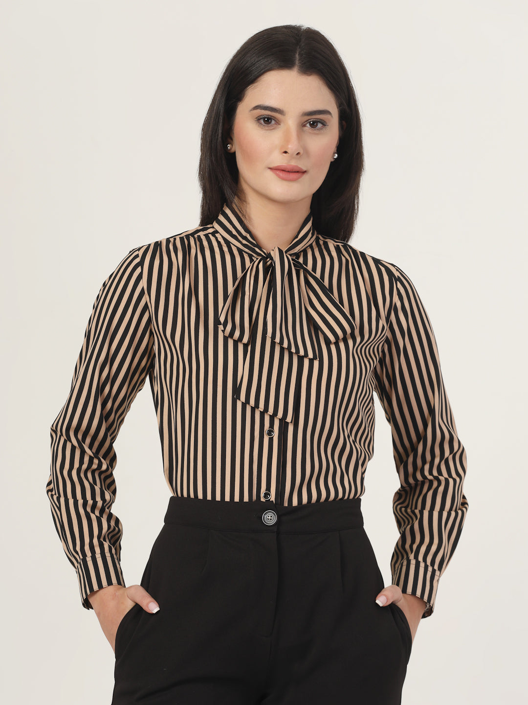 Style Quotient Women Beige Striper top with front tie-up-Shirts-StyleQuotient