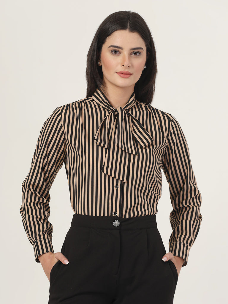 Style Quotient Women Beige Striper top with front tie-up-Shirts-StyleQuotient