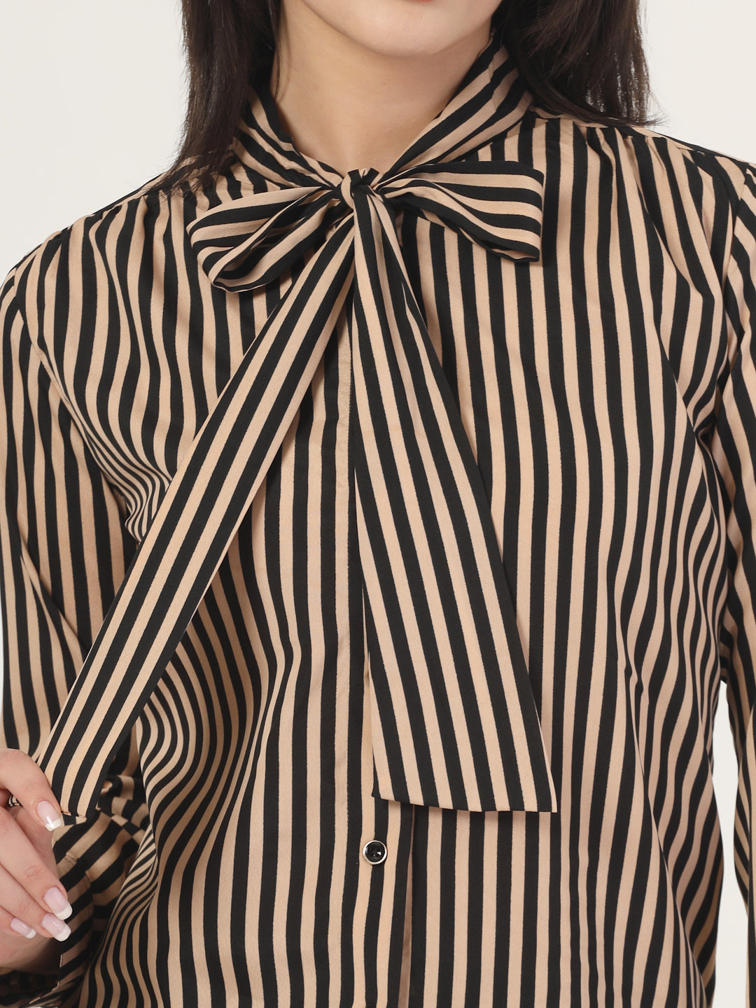 Style Quotient Women Beige Striper top with front tie-up-Shirts-StyleQuotient