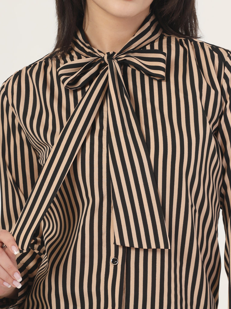 Style Quotient Women Beige Striper top with front tie-up-Shirts-StyleQuotient