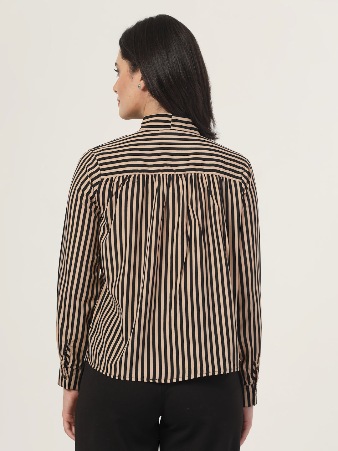 Style Quotient Women Beige Striper top with front tie-up-Shirts-StyleQuotient