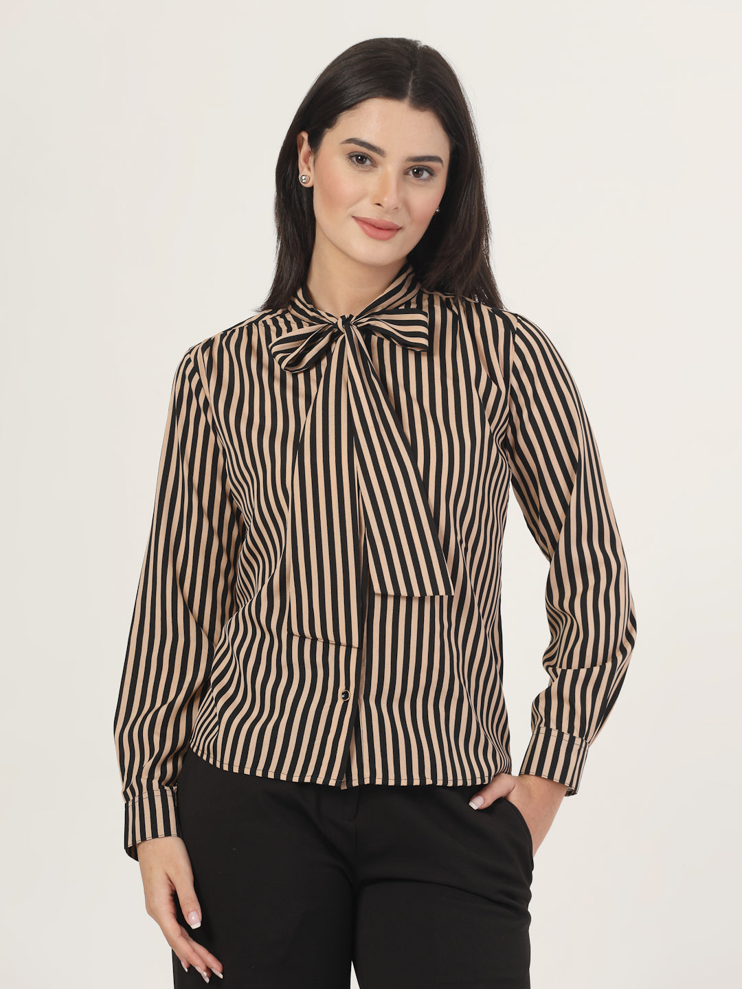 Style Quotient Women Beige Striper top with front tie-up-Shirts-StyleQuotient