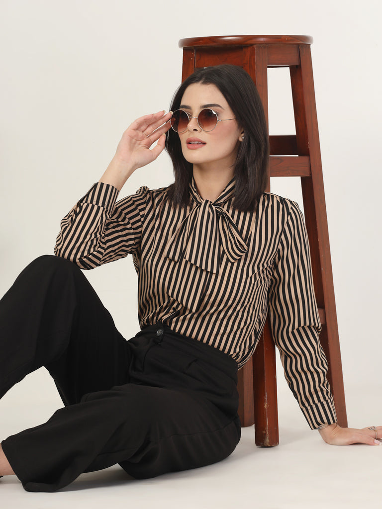 Style Quotient Women Beige Striper top with front tie-up-Shirts-StyleQuotient