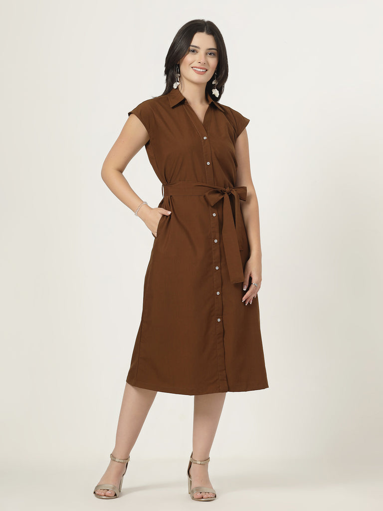 Style Quotient Women's Shirt dress with self fabric belt and loop-Dresses-StyleQuotient