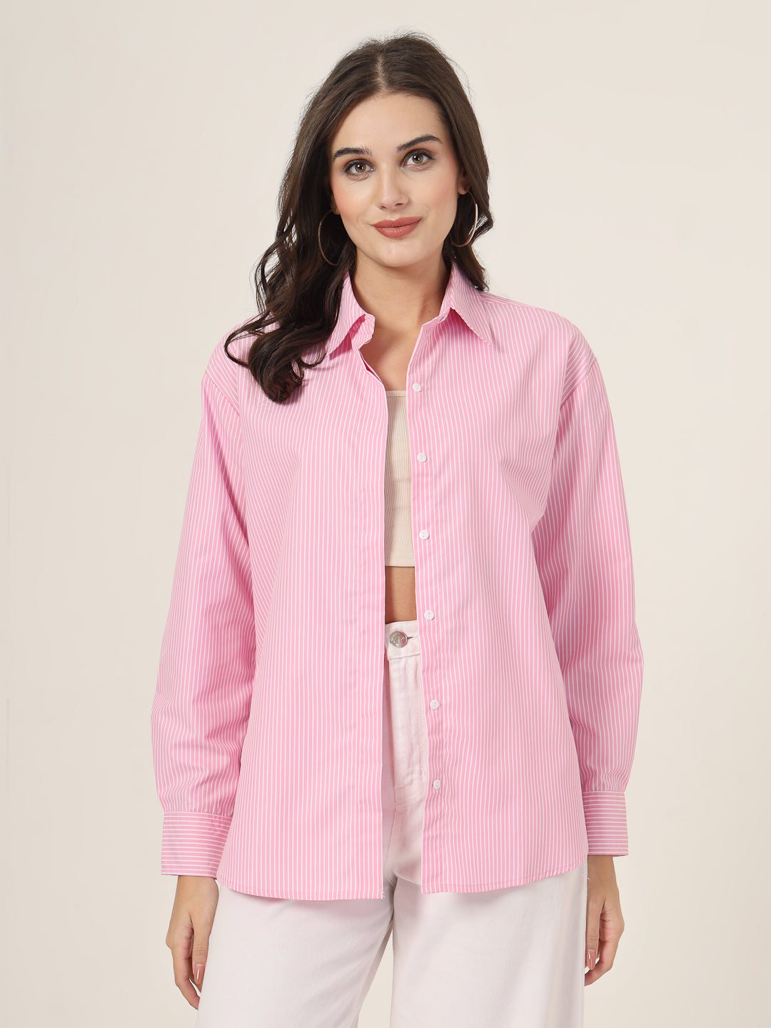 Style Quotient Women Solid Pink And White Smart Casual Oversized Polycotton Shirt-Shirts-StyleQuotient