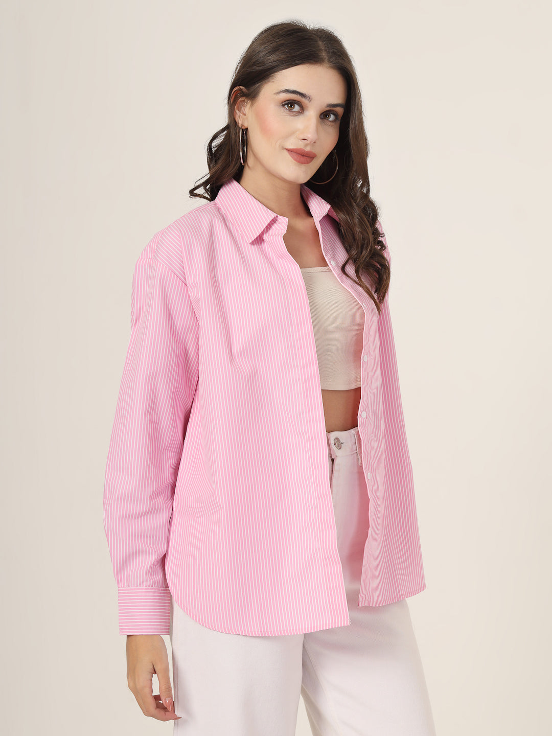 Style Quotient Women Solid Pink And White Smart Casual Oversized Polycotton Shirt-Shirts-StyleQuotient