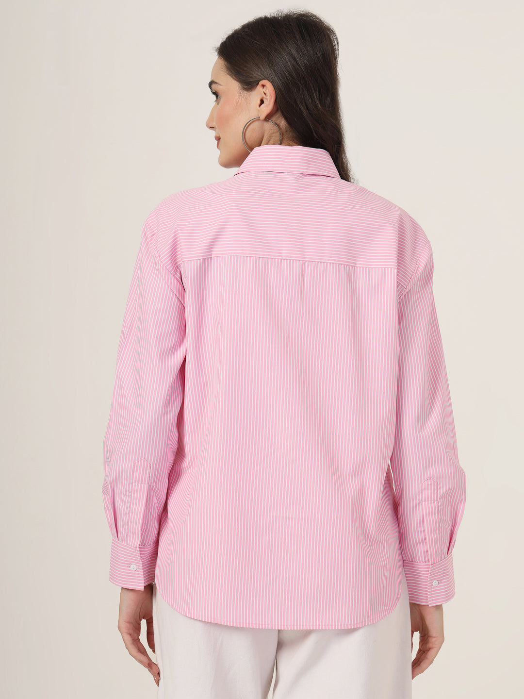 Style Quotient Women Solid Pink And White Smart Casual Oversized Polycotton Shirt-Shirts-StyleQuotient