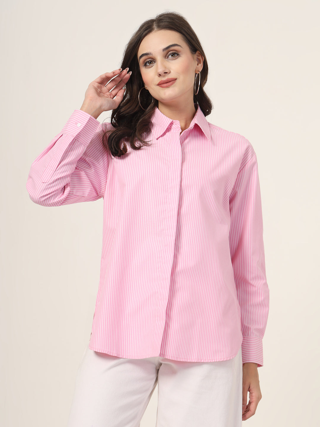 Style Quotient Women Solid Pink And White Smart Casual Oversized Polycotton Shirt-Shirts-StyleQuotient