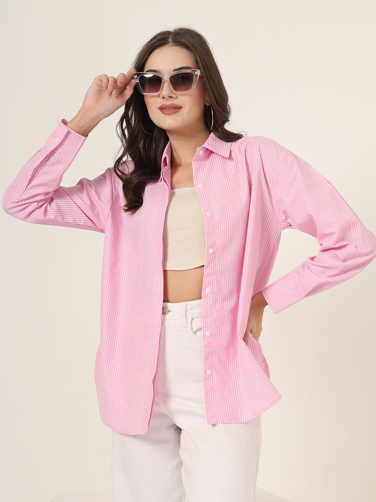 Style Quotient Women Solid Pink And White Smart Casual Oversized Polycotton Shirt-Shirts-StyleQuotient