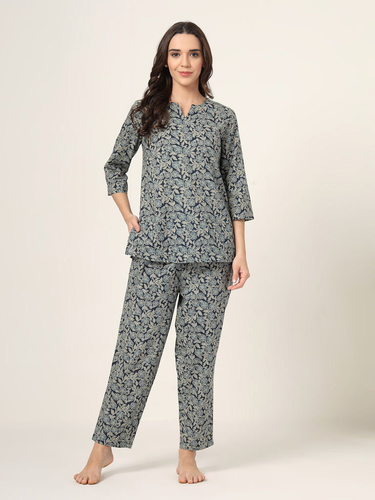 Style Quotient Women blue and white printed night suit-Women Night Suit-StyleQuotient