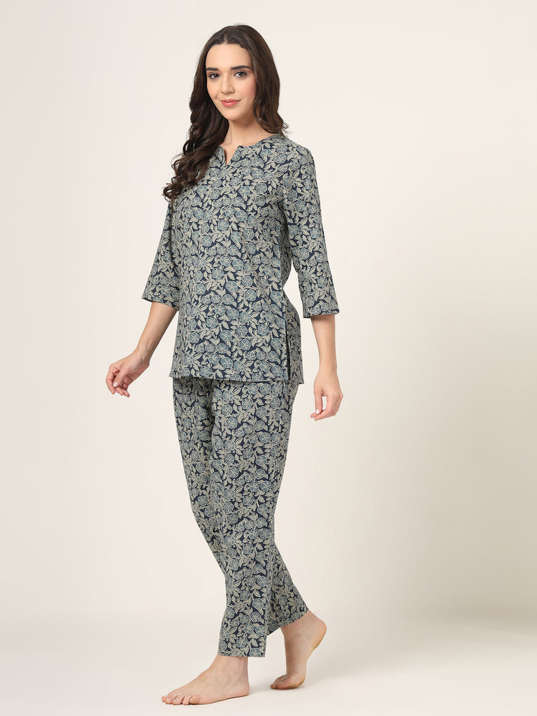 Style Quotient Women blue and white printed night suit-Women Night Suit-StyleQuotient