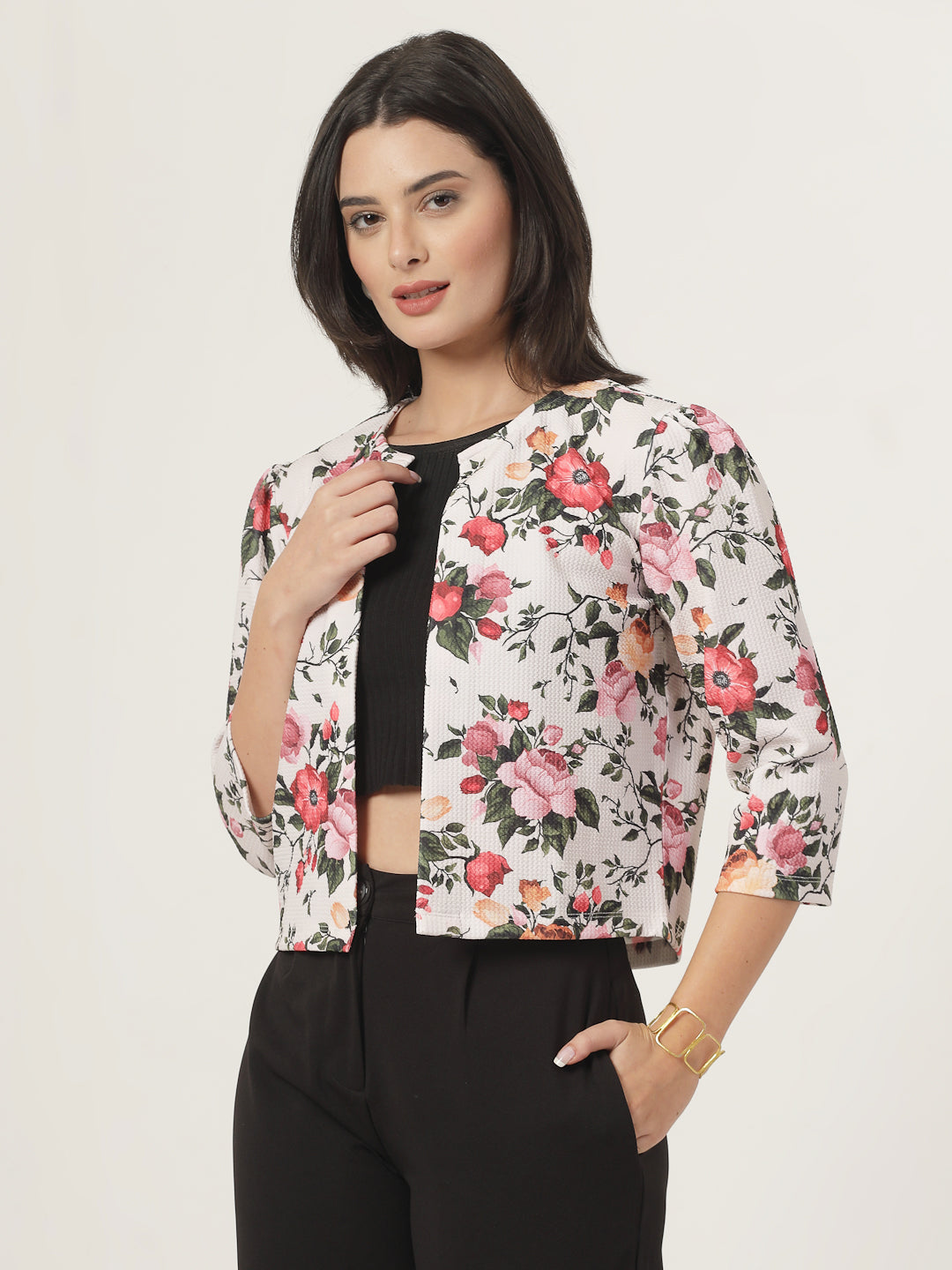 Style Quotient Women Beige Floral Printed Shrug with puffed 3/4th sleeves-Shrug-StyleQuotient