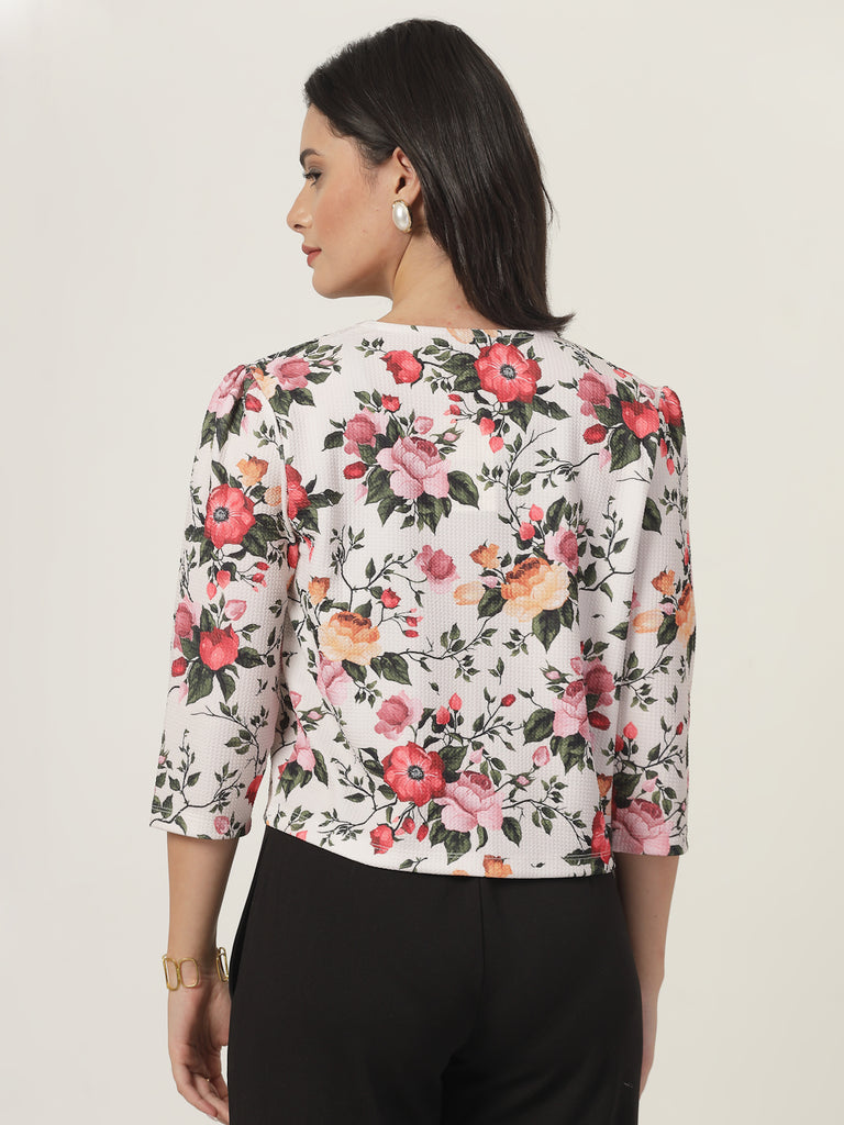 Style Quotient Women Beige Floral Printed Shrug with puffed 3/4th sleeves-Shrug-StyleQuotient