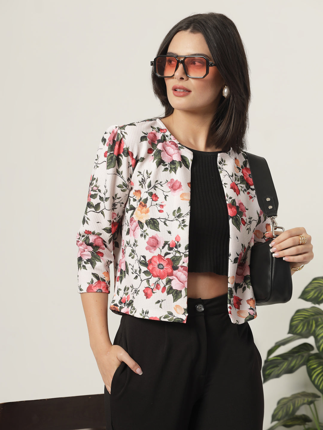 Style Quotient Women Beige Floral Printed Shrug with puffed 3/4th sleeves-Shrug-StyleQuotient