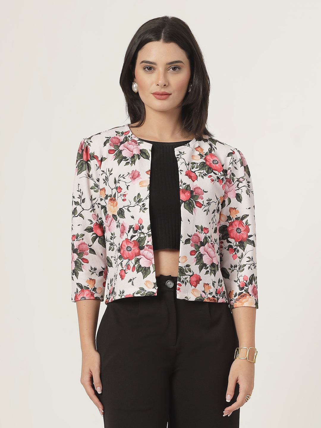 Style Quotient Women Beige Floral Printed Shrug with puffed 3/4th sleeves-Shrug-StyleQuotient