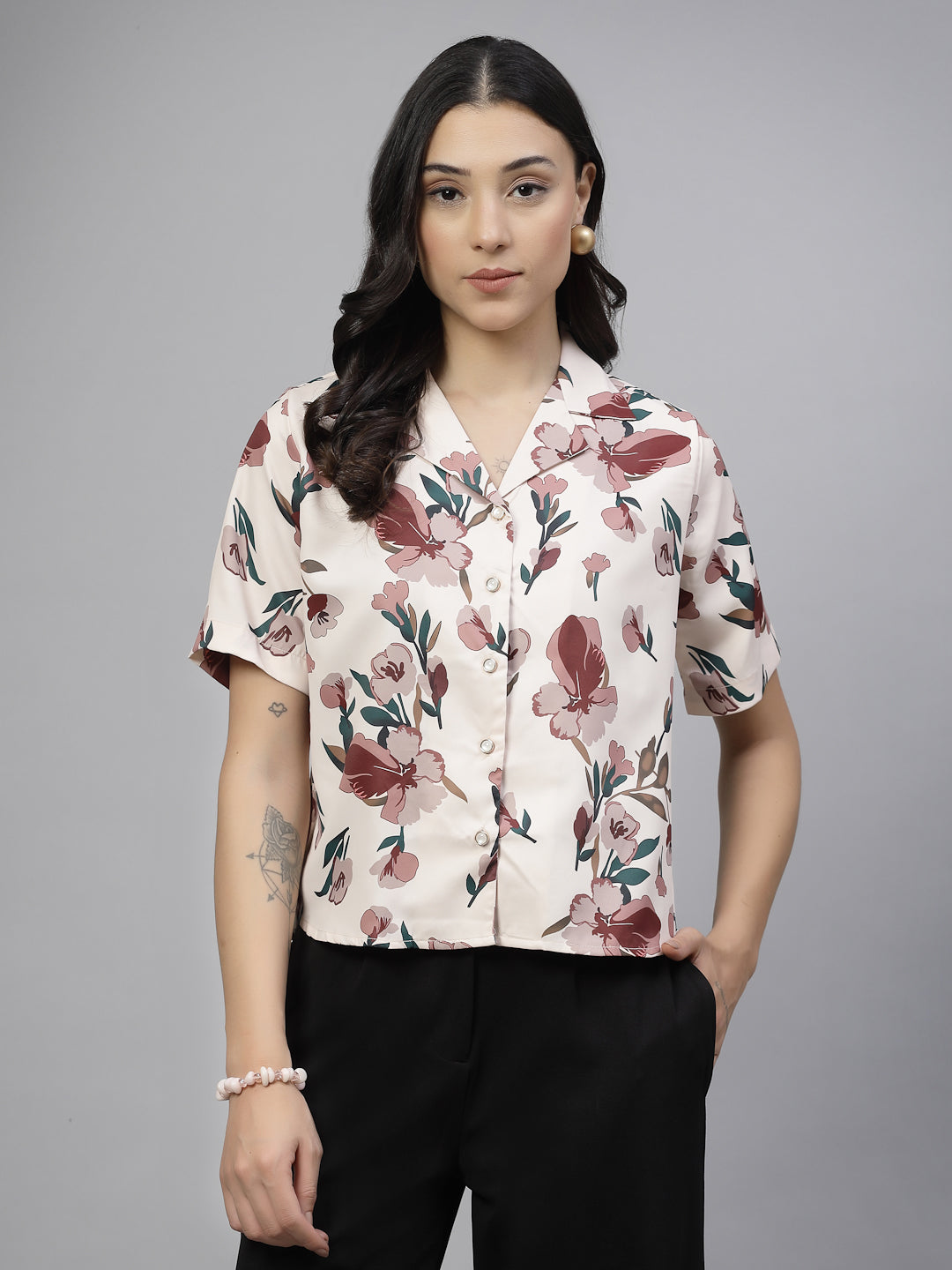 Style Quotient Women Beige And Multi Floral Print Polyester Shirt-Shirts-StyleQuotient